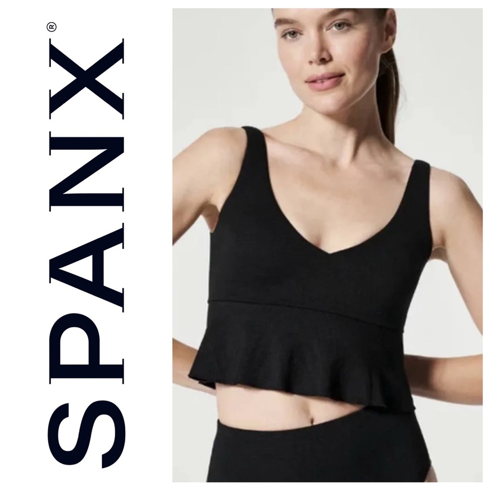 SPANX Black Ruffle Hem V-Neck Tank Swim Top
